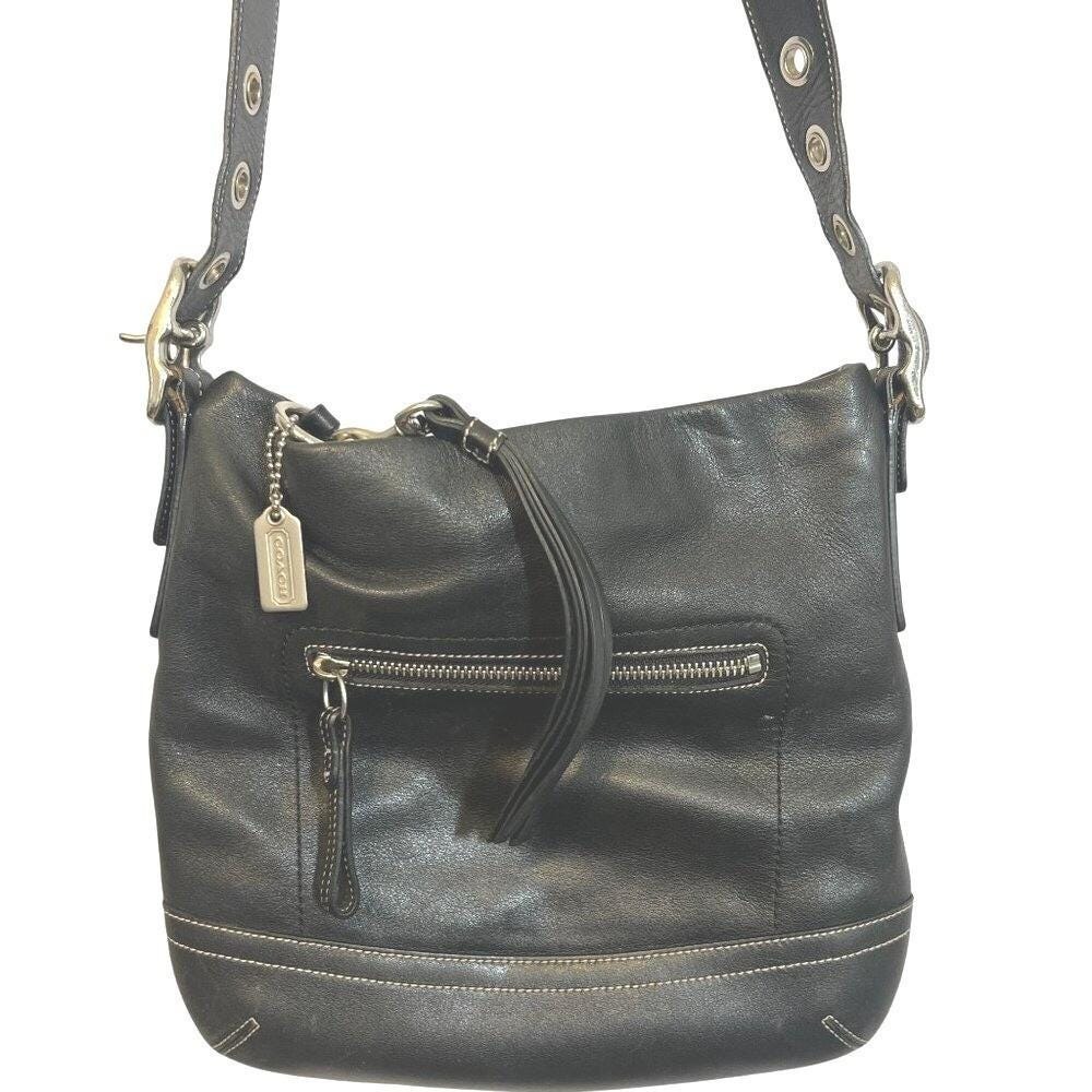 Coach Y2K Hobo Shoulder Bag Tote Purse Black Leather White Stitch Tassel Charm